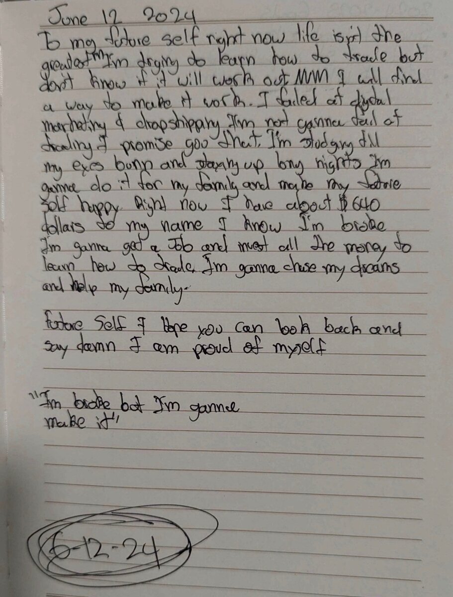 Luis's handwritten journal page from June 12, 2024. The circled line at the bottom reads: I'm broke but I'm gonna make it.
